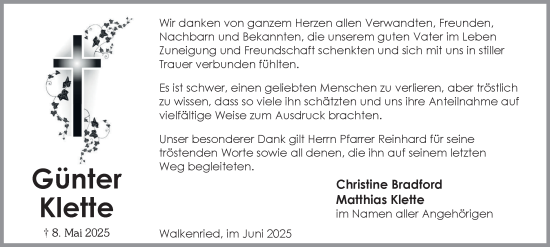 Traueranzeige von Günter Klette von Harz Kurier
