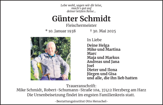 Traueranzeige von Günter Schmidt von Harz Kurier