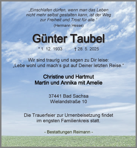 Traueranzeige von Günter Taubel von Harz Kurier