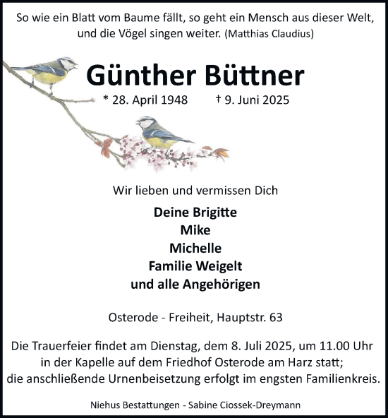Traueranzeige von Günther Büttner von Harz Kurier