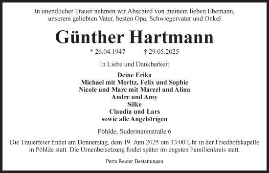 Traueranzeige von Günther Hartmann von Harz Kurier