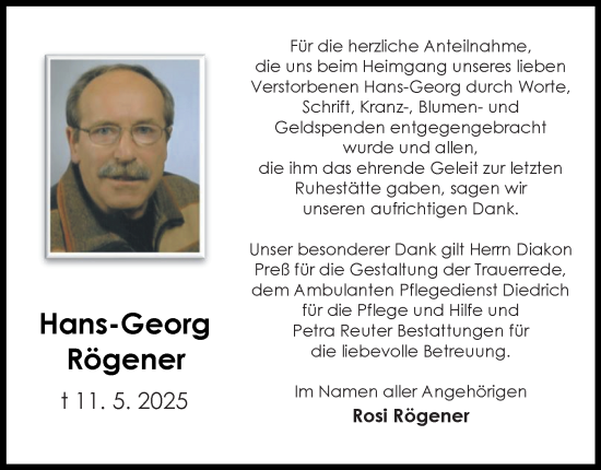 Traueranzeige von Hans-Georg Rögener von Harz Kurier