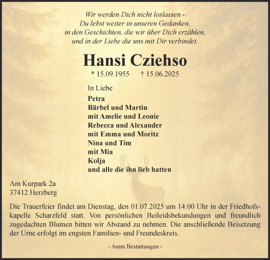 Traueranzeige von Hansi Cziehso von Harz Kurier