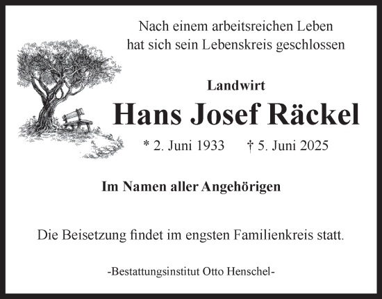 Traueranzeige von Hans Josef Räckel von Harz Kurier