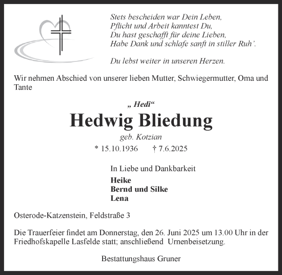 Traueranzeige von Hedwig Bliedung von Harz Kurier
