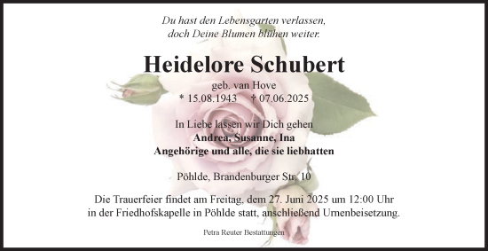 Traueranzeige von Heidelore Schubert von Harz Kurier