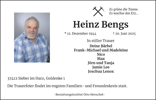 Traueranzeige von Heinz Bengs von Harz Kurier