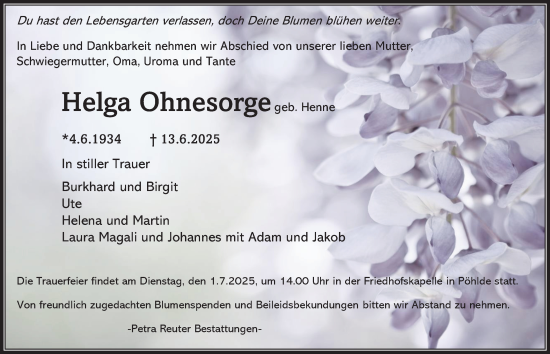 Traueranzeige von Helga Ohnesorge von Harz Kurier