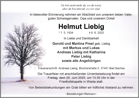Traueranzeige von Helmut Liebig von Harz Kurier