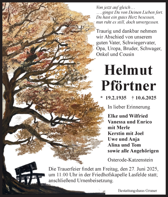 Traueranzeige von Helmut Pförtner von Harz Kurier