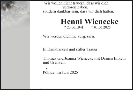 Traueranzeige von Henni Wienecke von Harz Kurier