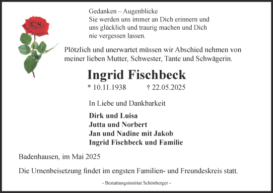 Traueranzeige von Ingrid Fischbeck von Harz Kurier