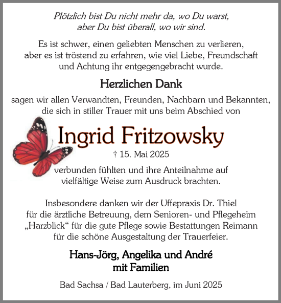Traueranzeige von Ingrid Fritzowsky von Harz Kurier