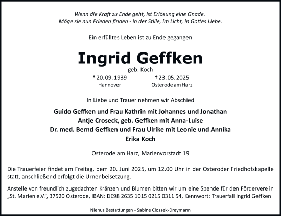 Traueranzeige von Ingrid Geffken von Harz Kurier