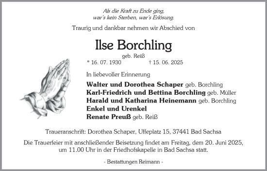 Traueranzeige von Ise Borchling von Harz Kurier