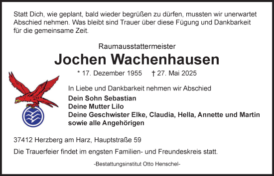 Traueranzeige von Jochen Wachenhausen von Harz Kurier