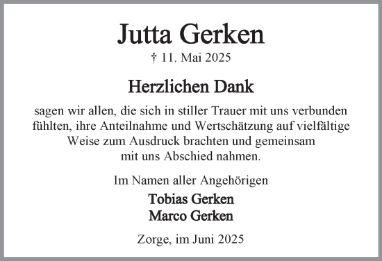Traueranzeige von Jutta Gerken von Harz Kurier