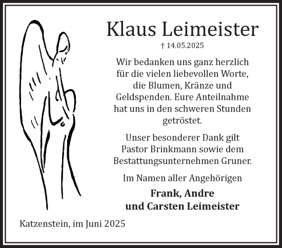 Traueranzeige von Klaus Leimeister von Harz Kurier