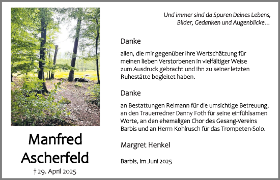 Traueranzeige von Manfred Ascherfeld von Harz Kurier