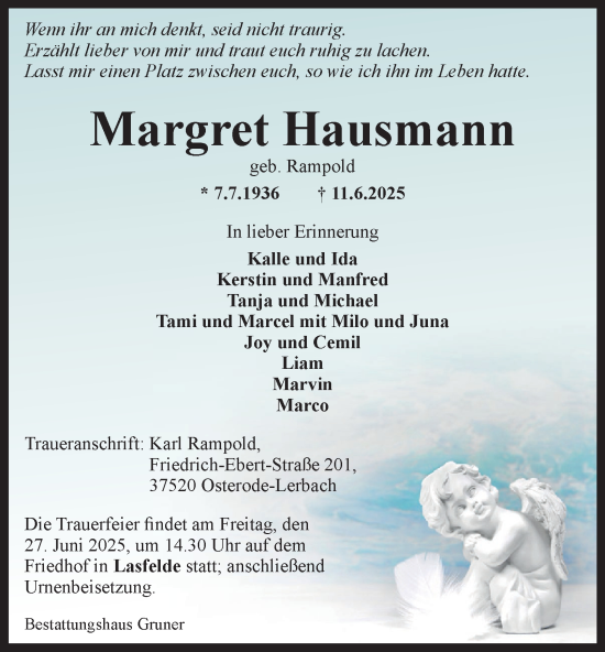 Traueranzeige von Margret Hausmann von Harz Kurier