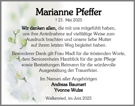 Traueranzeige von Marianne Pfeffer von Harz Kurier
