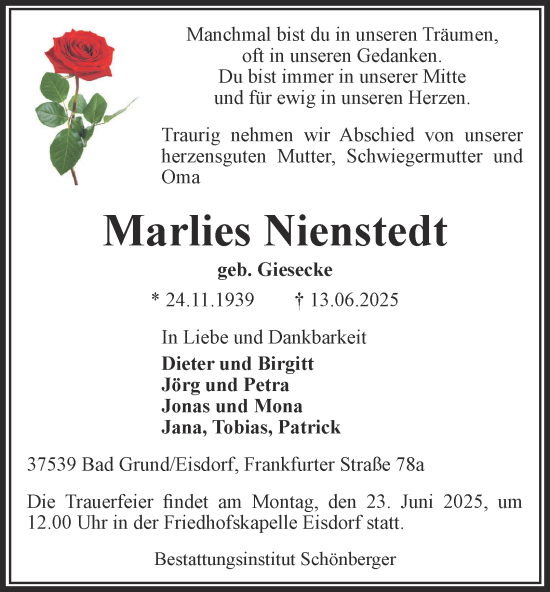 Traueranzeige von Marlies Nienstedt von Harz Kurier