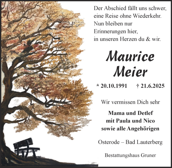 Traueranzeige von Maurice Meier von Harz Kurier