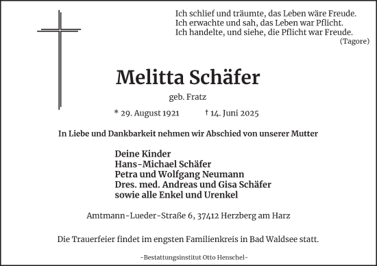 Traueranzeige von Melitta Schäfer von Harz Kurier