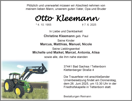 Traueranzeige von Otto Kleemann von Harz Kurier