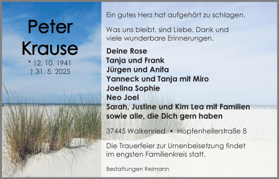 Traueranzeige von Peter Krause von Harz Kurier