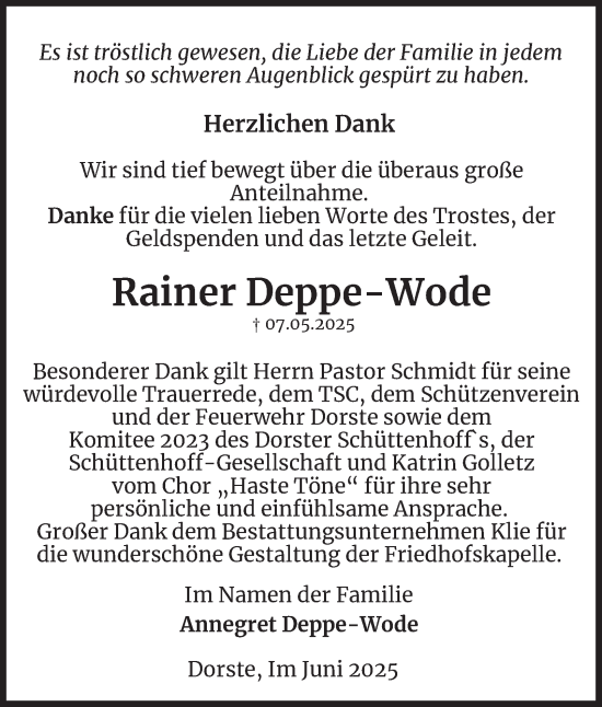 Traueranzeige von Rainer Deppe-Wode von Harz Kurier