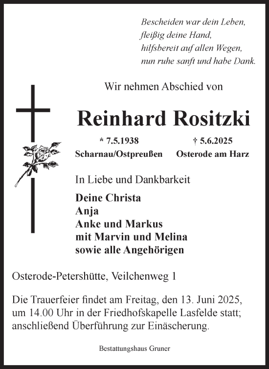 Traueranzeige von Reinhard Rositzki von Harz Kurier