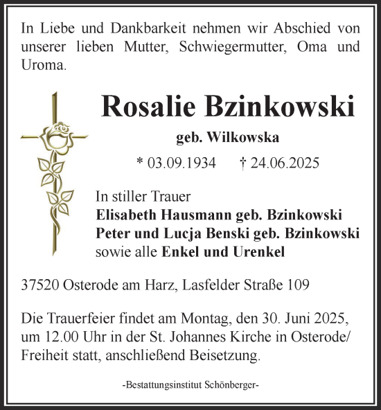Traueranzeige von Rosalie Bzinkowski von Harz Kurier