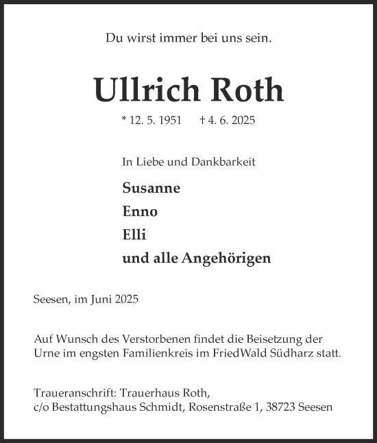 Traueranzeige von Ullrich Roth von Harz Kurier