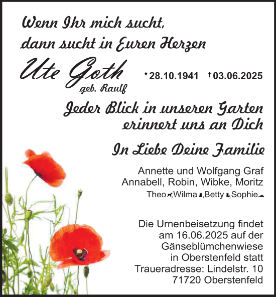 Traueranzeige von Ute Goth von Harz Kurier