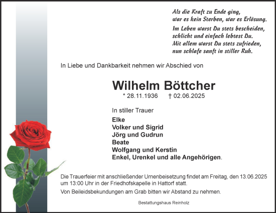 Traueranzeige von Wilhelm Böttcher von Harz Kurier