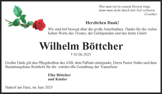 Traueranzeige von Wilhelm Böttcher von Harz Kurier