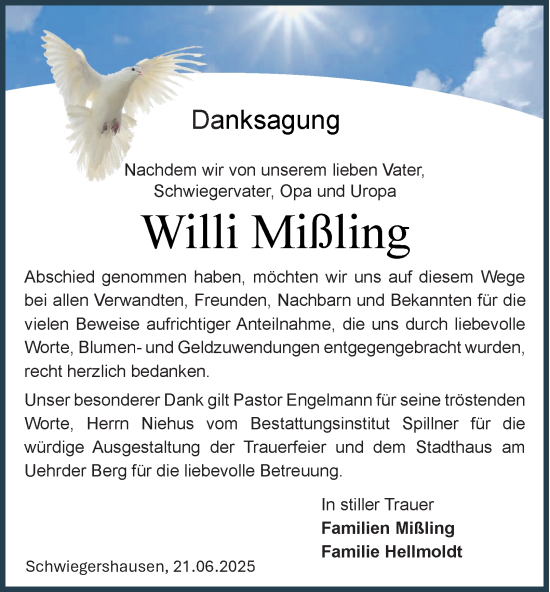 Traueranzeige von Willi Mißling von Harz Kurier