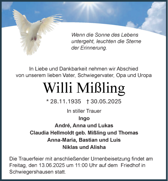 Traueranzeige von Willi Mißling von Harz Kurier