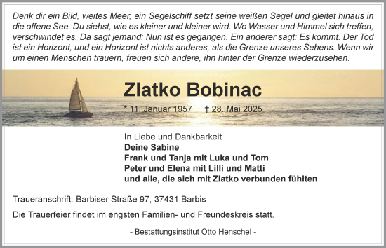 Traueranzeige von Zlatko Bobinac von Harz Kurier