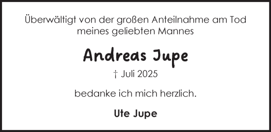 Traueranzeige von Andreas Jupe von Harz Kurier