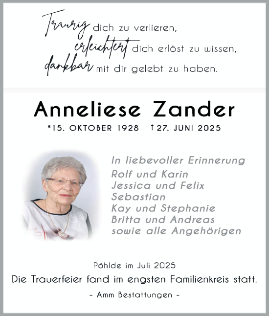 Traueranzeige von Anneliese Zander von Harz Kurier