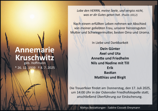 Traueranzeige von Annemarie Kruschwitz von Harz Kurier