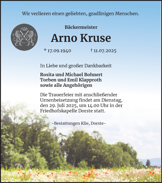 Traueranzeige von Arno Kruse von Harz Kurier