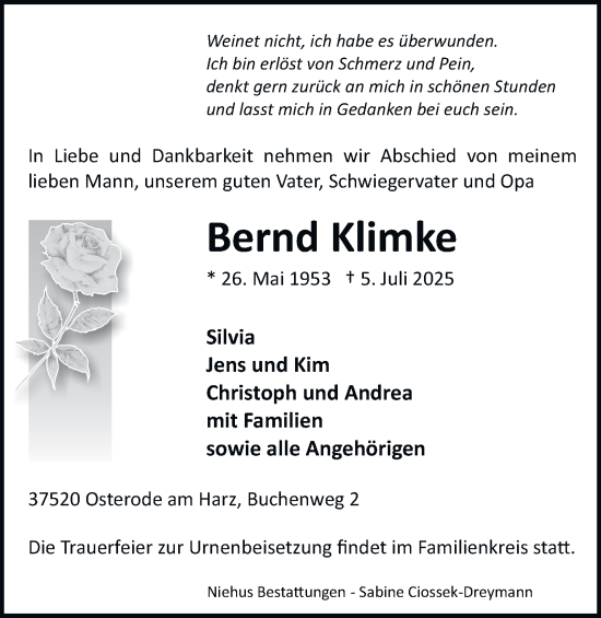 Traueranzeige von Bernd Klimke von Harz Kurier