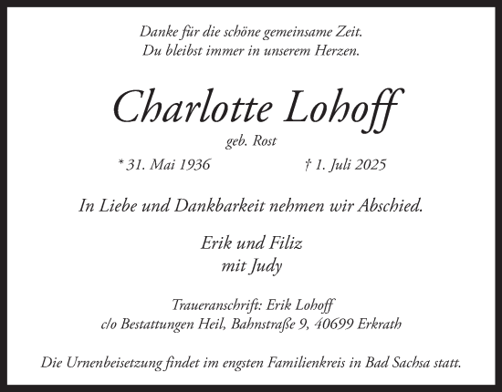 Traueranzeige von Charlotte Lohoff von Harz Kurier