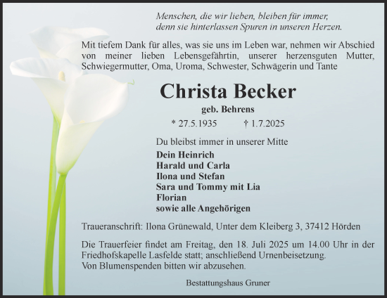 Traueranzeige von Christa Becker von Harz Kurier