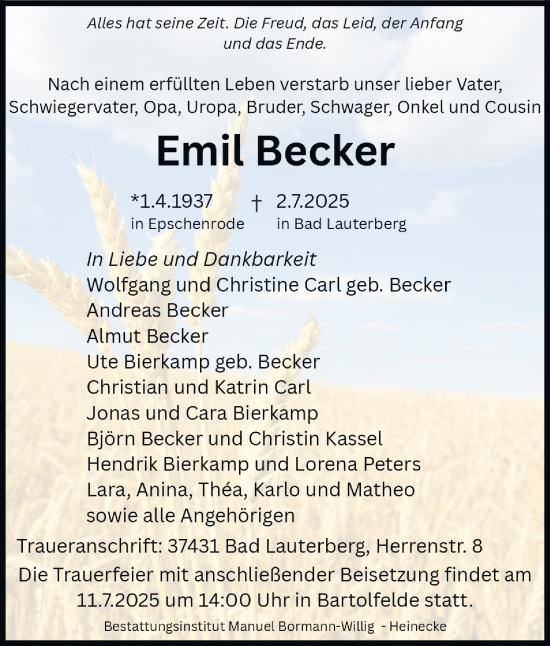 Traueranzeige von Emil Becker von Harz Kurier
