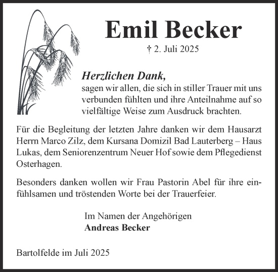 Traueranzeige von Emil Becker von Harz Kurier
