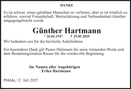 Traueranzeige von Günther Hartmann von Harz Kurier